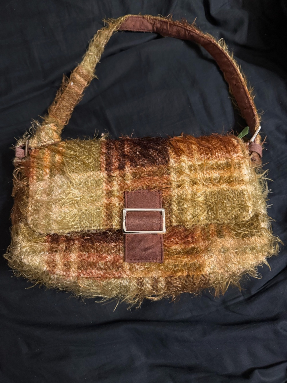 Fuzzy Plaid Shoulder Bag in Brown & Tan